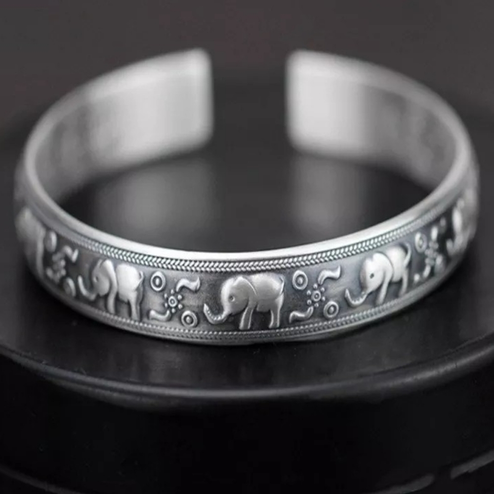 Unisex Engraved Elephant Bracelet 999 Pure Silver Cuff - Picture 5 of 14